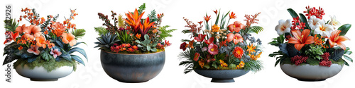 Set of designer flower arrangements on transparent background
