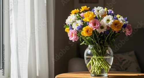 Wallpaper Mural Vibrant bouquet of mixed flowers in a clear glass vase, sits on a wooden table near a window. Torontodigital.ca