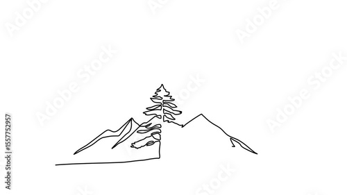 Mountains and the tree, one line drawing animation. Video clip with alpha channel.