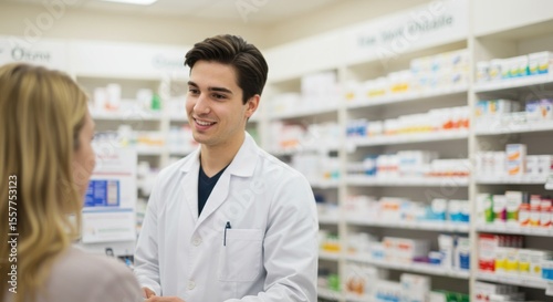 Pharmacist and customer converse in a well-stocked pharmacy.  A friendly interaction takes place amidst rows of medicine.