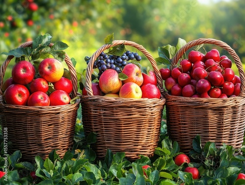 Freshly picked apples, plums, and grapes in woven baskets