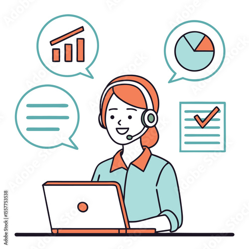 Smiling support agent with headset uses laptop surrounded by data analysis visuals