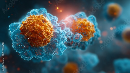 Microscopic view of mutated p53 protein failing stop cancer cell growth cellular interaction highlighted with bright overlay effects
