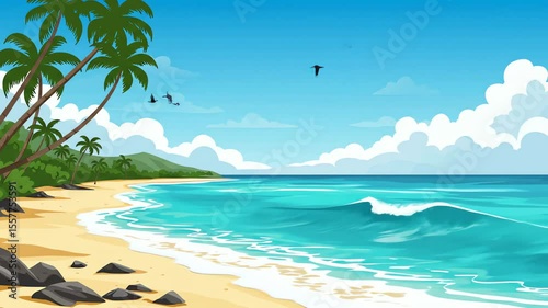Cartoon beach scene with palm trees turquoise sea sandy shore clouds and distant island