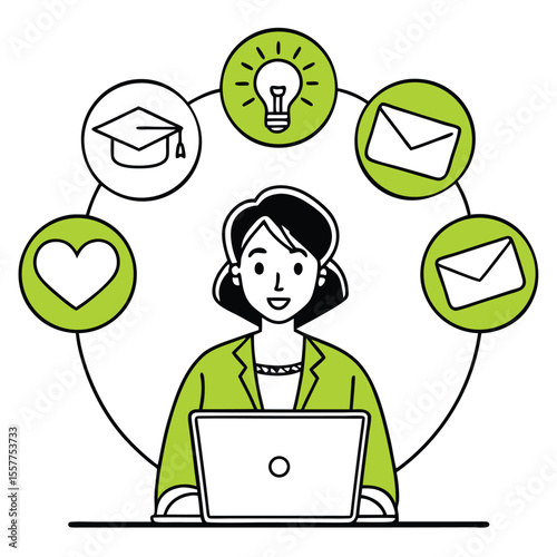 Smiling young woman works on her laptop surrounded by education and communication icons