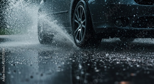 Car tire splashing through a puddle on a wet road, creating a spray of water.