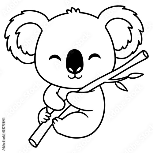 A charming cartoon koala clings to a branch in a line drawing