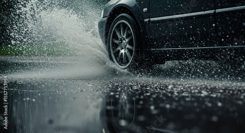 A dark car driving through a puddle on a rainy road, splashing water.