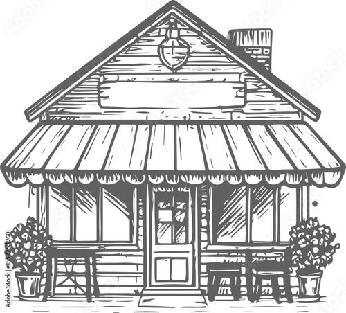 Vintage Hand-Drawn Shop Facade Illustration, Artisanal Cafe or Bakery Engraving