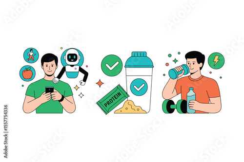 Man with phone robot protein shake and dumbbell vector
