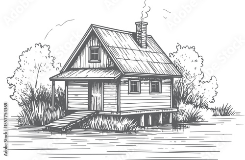 Vintage Riverside Dwelling Sketch