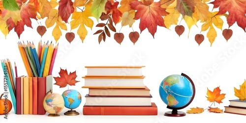 Back to School Autumn Frame with Books globe and Leaves – Watercolor Illustration
