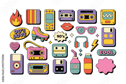 Retro cassette tapes roller skates headphones and lightning bolt vector