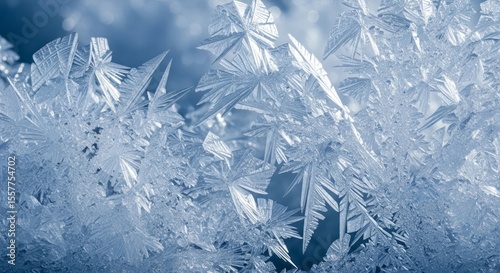 Delicate ice crystals forming intricate patterns on a frigid winter morning frozen beauty with blue