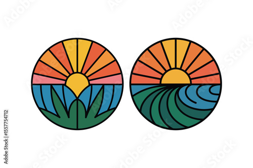 Stylized sun over ocean and foliage sunset sunrise