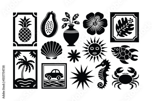 Tropical fruits flowers sea life and sun pineapple papaya