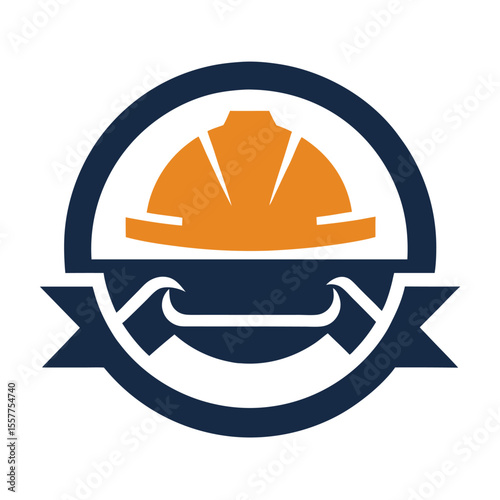 Isolated orange hardhat within blue ribbon emblem shows protection clearly