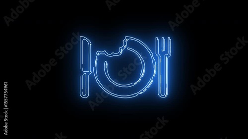 Neon blue icon of dining plate, fork and knife representing restaurant or food service