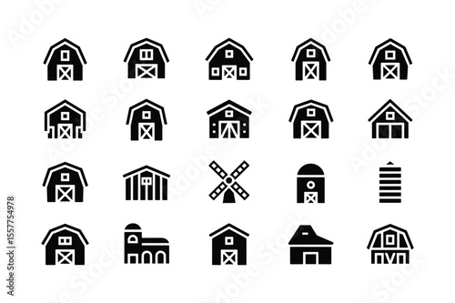 Barns silos windmill and farm buildings icons vector