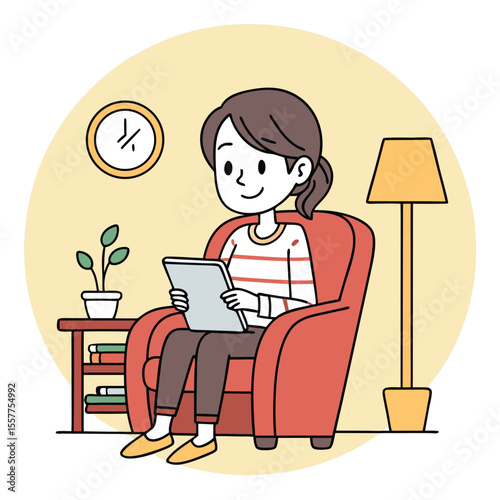 Smiling cartoon woman with ponytail relaxing in red armchair while reading tablet
