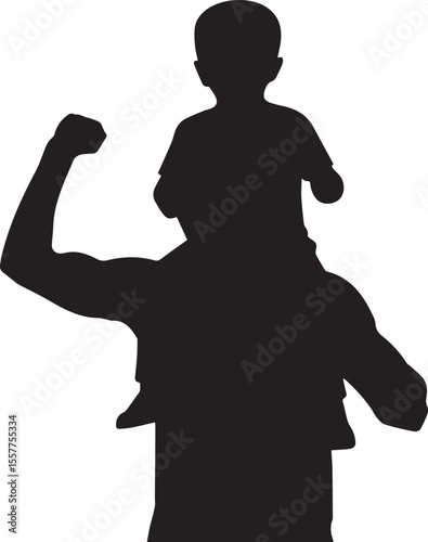 silhouette of a man with son, a black silhouette of a father and his child. The father is standing with his back to the viewer, holding the child's hand. isolated white background 
