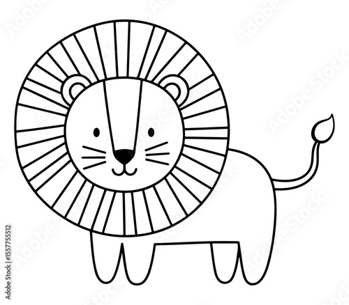 A simple line drawing of a cute cartoon lion with a mane