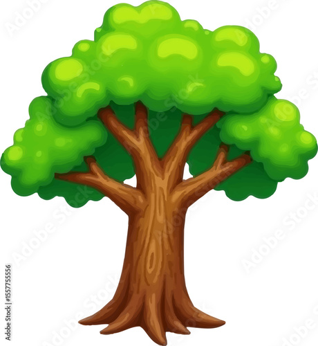 Image is a digital illustration of a tree with a stylized and cartoonish appearance. The tree features a thick, brown trunk with visible wood grain patterns, giving it a textured look. The trunk split