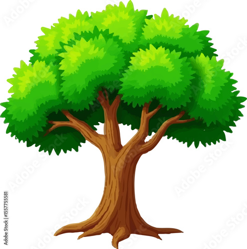 Image is a digital illustration of a tree with a stylized and cartoonish appearance. The tree features a thick, brown trunk with visible wood grain patterns, giving it a textured look. The trunk split