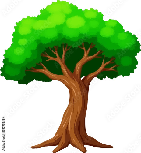 Image is a digital illustration of a tree with a stylized and cartoonish appearance. The tree features a thick, brown trunk with visible wood grain patterns, giving it a textured look. The trunk split