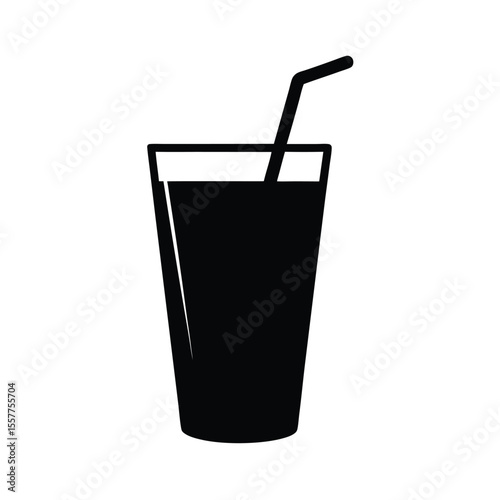 A glass of juice with a straw depicted in flat black silhouette Vector illustration