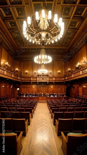 Grand interior of a courtroom hall with intricate wooden paneling, opulent chandeliers, and rows of seats for a formal setting.