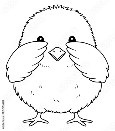Cute cartoon baby chick covering its eyes in a black and white illustration