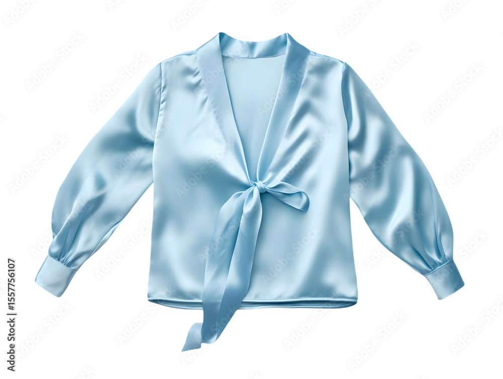 Obraz premium Elegant light blue satin blouse with a tie front detail isolated on transparent background