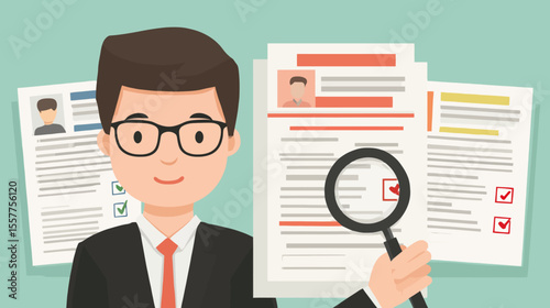 A cartoon businessman in a suit with a magnifying glass looks at a document, thinking about success and his career