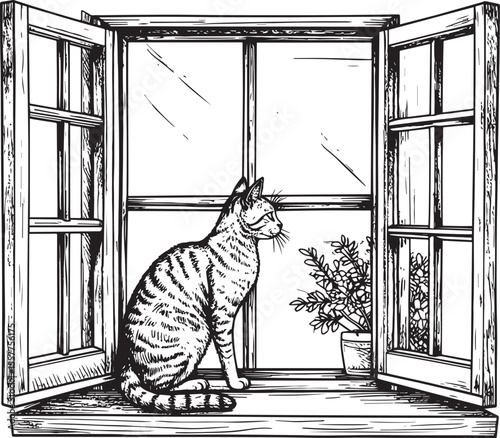 Curious Cat at Window: Hand-Drawn Sketch of Feline Observation