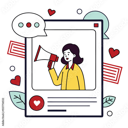 Cheerful woman shouts through megaphone inside framed social media post with message indicators and hearts