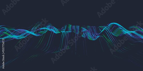 Abstract background with dynamic colorful wave. Futuristic dotted wave of bright particles. Colorful background for presentation design. Wide format vector illustration. Plexus effect
