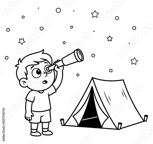 Enthralled Young Astronomer Gazing at the Starry Night Sky while Camping