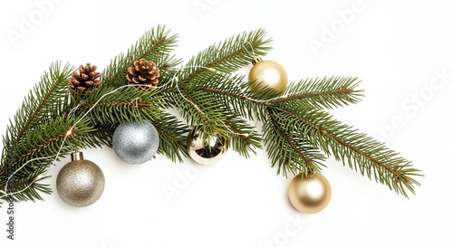 Christmas tree branch with pine cones and decorative ornaments isolated white background 