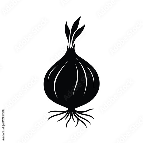 A single onion with roots drawn in minimalist black silhouette Vector illustration