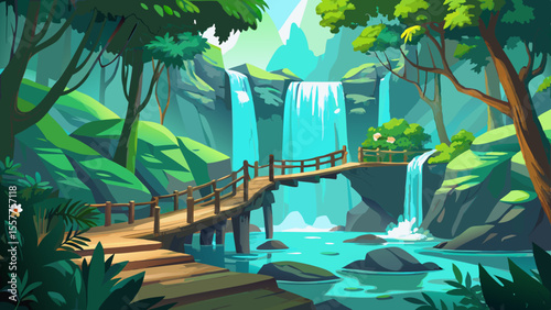 Crystal-clear turquoise waterfalls tumble through lush forest. Wooden footbridges winding between mossy rocks, birdsong in the background, sunlight filters through canopy creating dancing water reflec
