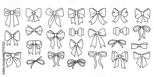 Big Set of simple decorative holiday ribbon bows for gifts, to decorate hair on white background. Bow outline for gift wrapping for birthday Isolated Flat Vector