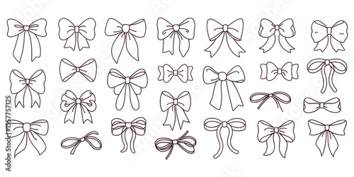 Big Set of simple decorative holiday ribbon bows for gifts, to decorate hair on white background. Bow outline for gift wrapping for birthday Isolated Flat Vector