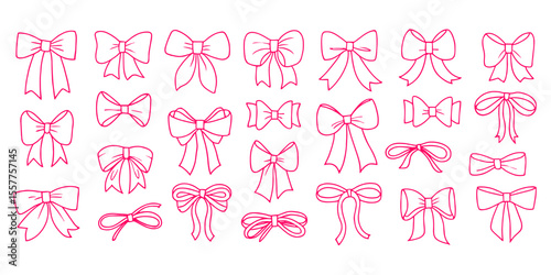 Big Set of simple decorative holiday ribbon bows for gifts, to decorate hair on white background. Bow outline for gift wrapping for birthday Isolated Flat Vector