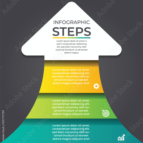 Modern arrow infographic with 3 colorful step banners and icons on dark background.