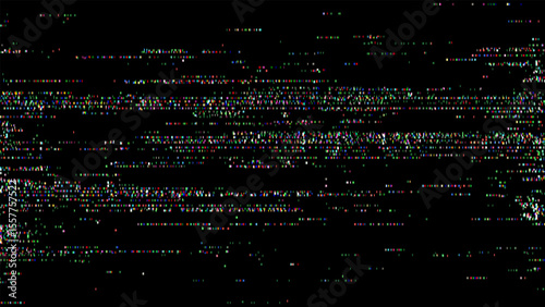 Abstract video distortion with colorful pixel noise on a black screen. Glitch effect pattern for background design.