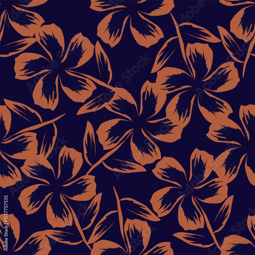 Trendy Floral pattern in the many kind of flowers. Tropical botanical Motifs scattered random. Seamless vector texture. For fashion prints. Printing with in hand drawn style on peach background