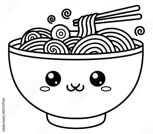 Kawaii bowl of ramen noodles with chopsticks, cute and stylized design