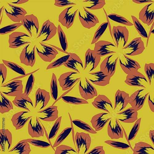 Trendy Floral pattern in the many kind of flowers. Tropical botanical Motifs scattered random. Seamless vector texture. For fashion prints. Printing with in hand drawn style on peach background