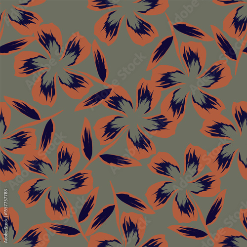 Trendy Floral pattern in the many kind of flowers. Tropical botanical Motifs scattered random. Seamless vector texture. For fashion prints. Printing with in hand drawn style on peach background